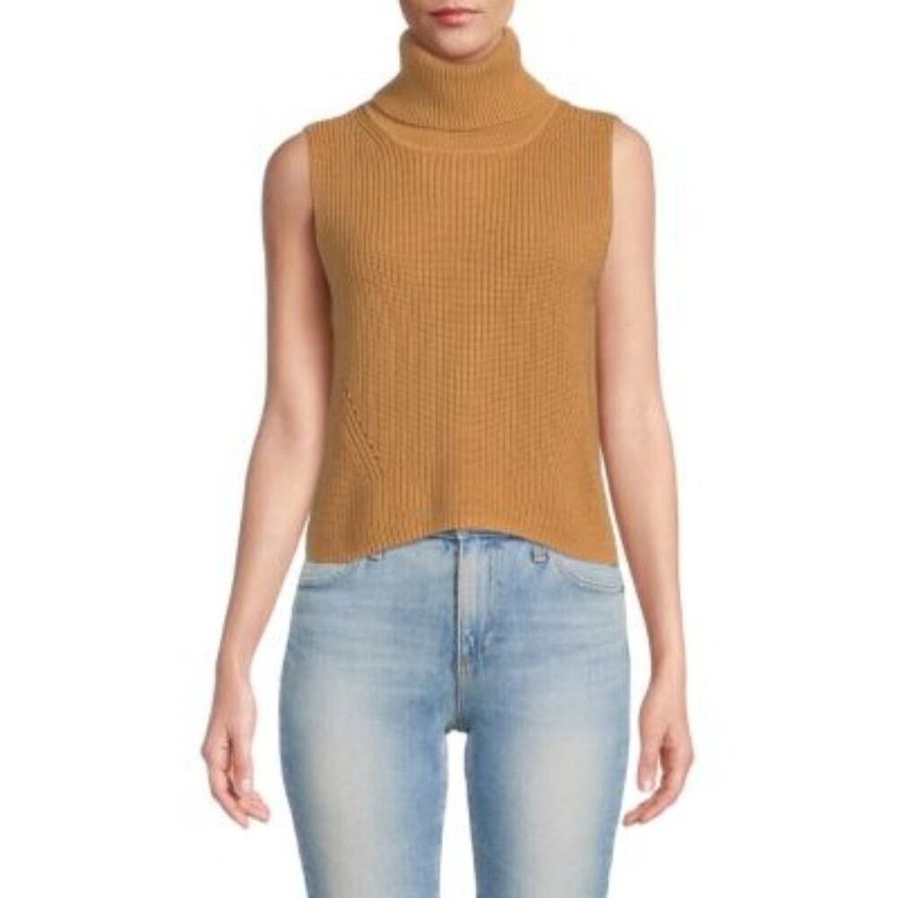 French Connection ribbed tan knit sleeveless turtleneck sweater size M